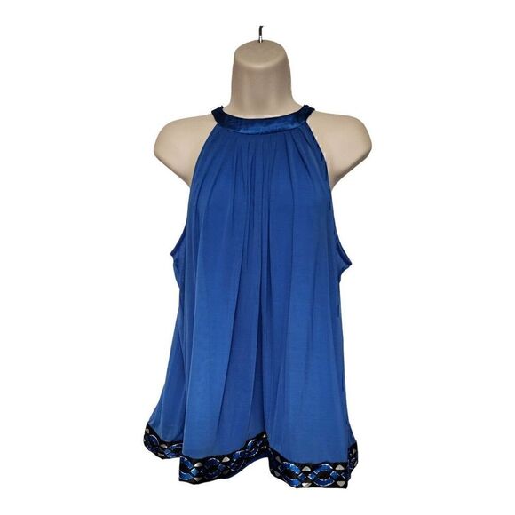 Design History Tops - Womens High Neck Pleated Chiffon Colbat Blue Top Blouse Size Small